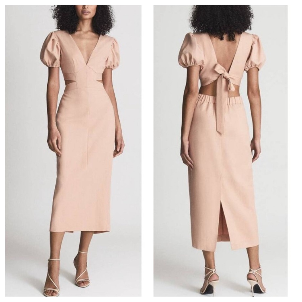 NWOT Reiss Blush Pink Midi Dress with Puff Sleeves